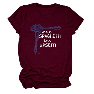 Detailed flat lay of dark burgundy cotton T-shirt with spaghetti graphic print and text