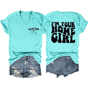 Front and back view of mint green V-neck T-shirt with Realtor and Home Girl prints