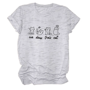 Close-up of grey marl t-shirt featuring cat illustrations and un deux trois text