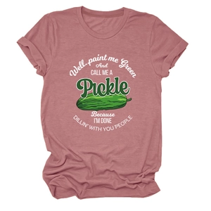 Close-up of crew neck t-shirt in dusty rose with cucumber graphic and humorous text