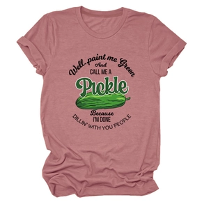 Detail of pink cotton T-shirt featuring 'Well paint me Green' pickle graphic print