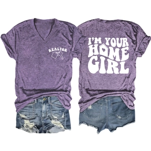 Detailed front and back view of purple V-neck Realtor T-shirt with I'M YOUR HOME GIRL print