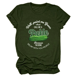 Detail of olive green cotton T-shirt featuring cartoon pickle print and rolled sleeves
