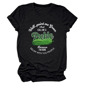 Detail of the humor pickle graphic print on a black cotton crew neck T-shirt