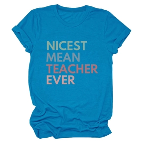 Detail of rolled cuffs on bright blue cotton t-shirt with Nicest Mean Teacher Ever print