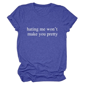 Detail of navy heather cotton T-shirt featuring 'hating me won't make you pretty' print