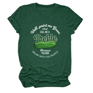 Detail of dark green cotton T-shirt featuring pickle graphic and humorous text print