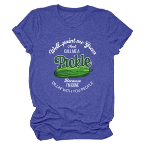 Detail of navy blue t-shirt featuring a cartoon pickle graphic and funny slogan print