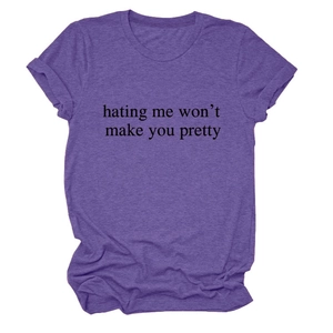 Detail view of heather purple crew neck T-shirt with black graphic slogan print