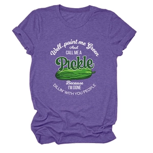 Detailed view of Heather Purple cotton T-shirt featuring funny green pickle graphic and text