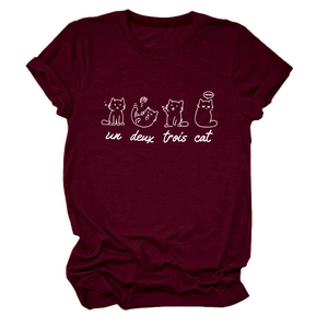 Detail of burgundy T-shirt showing rolled cuffs and cute cat graphic with meow text