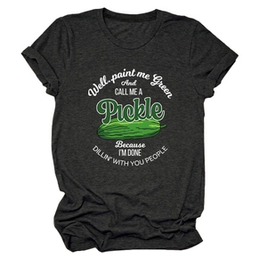 Close-up of pickle graphic and funny text print on charcoal grey cotton t-shirt