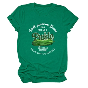 Detail of funny pickle graphic and text on a green cotton crew neck T-shirt