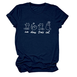 Detail of navy cotton T-shirt featuring white Meow un deux trois cat graphic print