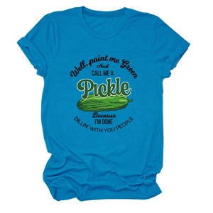Detail of funny 'Call me a Pickle' text and graphic print on a bright blue t-shirt