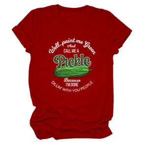 Detail of red cotton T-shirt featuring funny pickle graphic and humorous text slogan