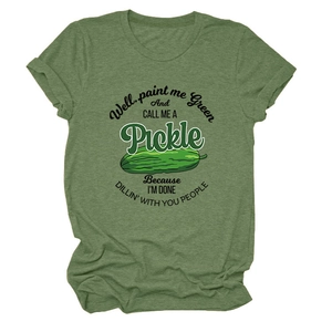 Detail of green heather t-shirt featuring a funny pickle graphic and humor text