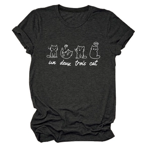Close-up of cute cat illustrations and un deux trois cat text on dark heather grey t-shirt