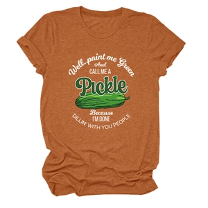 Close-up of knit fabric texture and pickle print on orange cotton T-shirt for women