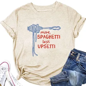 Women T-Shirt More Spaghetti Less Upsetti Graphic Tee Cotton Blend Short Sleeve Round Neck Casual Summer Top