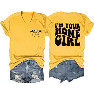 Women Casual Cotton Blend V Neck T-Shirt Realtor Letter Print Short Sleeve Loose Top Breathable Soft Fashion Streetwear