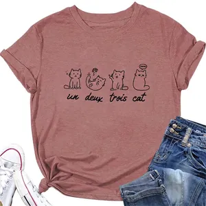 Women T-Shirt Cotton Blend Short Sleeve Crew Neck Cartoon Cat Graphic Casual Summer Top Un Deux Trois Cat Print