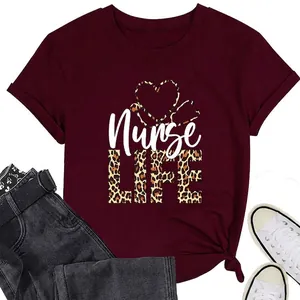 T-Shirt Femme À Manches Courtes En Mélange De Coton Décontracté À Col Rond Graphique Nurse Life Léopard Cœur Stéthoscope