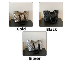 Detailed comparison of quilted tote bags in gold, silver, and black metallic finishes