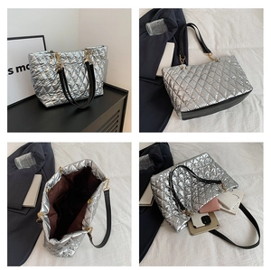 Detailed views showing the silver quilted tote interior and its large storage capacity