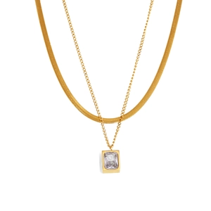 Zweilagige goldene Schlangenkette mit rechteckigem Zirkonia Anhänger für Damen
