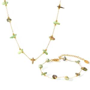 Handmade stainless steel necklace and bracelet set with natural irregular stone beads