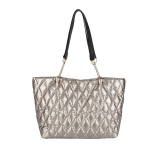 Champagne gold quilted tote bag with diamond stitching and metal chain strap for women