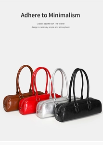 Minimalist cylinder handbag set in glossy caramel, red, silver, and black finishes