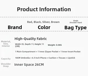 Detailed size and capacity specification chart for the minimalist shoulder bag in four colors