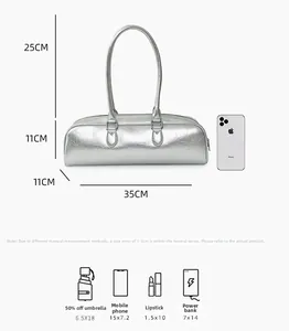 Detailed size chart for silver baguette bag with capacity guide and dimensions
