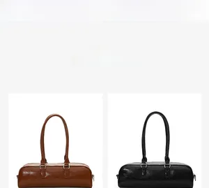 Detail view of mini cylinder pillow bags in glossy leather showing storage capacity