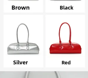 Chic cylindrical baguette bags in brown, black, silver, and red glossy leather finish
