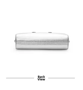 Detailed back view of silver baguette bag featuring natural wrinkled texture and stitching