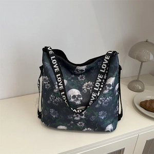 Large Capacity Tote Bag Nylon Fabric Gothic Skull Flower Print Wide Letter Strap Casual Shoulder Crossbody Bag For Women