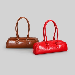 Women Glossy PU Leather Underarm Shoulder Bag Minimalist Cylindrical Baguette Handbag Retro Niche Style Purse
