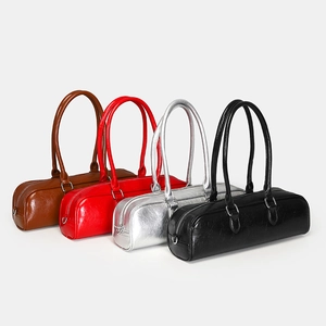 Minimalist glossy faux leather underarm baguette bags in brown, red, silver, and black