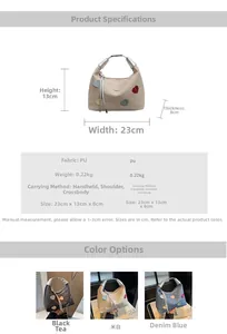 Size chart and color guide for PU heart patch shoulder bag in three stylish colors
