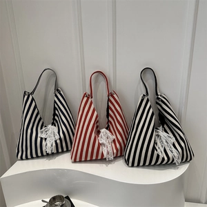 Chic striped canvas tote bag with lace bow decoration in multiple colors