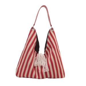 Minimalist red and white vertical striped bucket tote bag with a white lace bow accent
