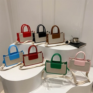 Women Patchwork Canvas PU Leather Tote Bag Wide Shoulder Strap Contrast Color Crossbody Handbag Daily Commute Versatile