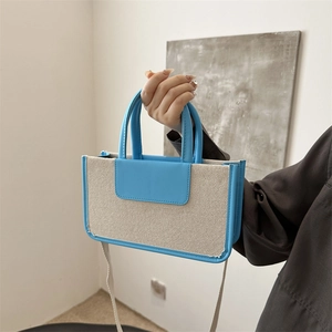 Minimalist canvas tote with blue leather trim shown as a handheld crossbody bag
