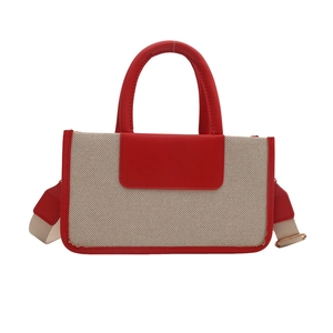 Chic beige canvas and red leather patchwork tote bag with wide detachable shoulder strap