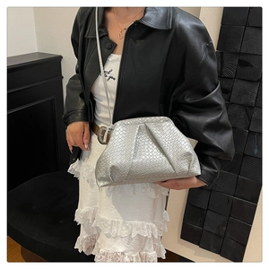 Detail of silver woven cloud bag with pleats shown on white dress against black background