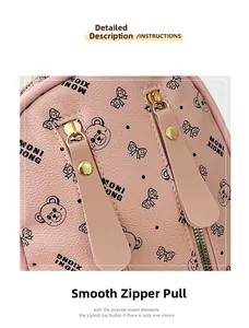 Macro detail of pink leather bag featuring bear print and smooth double metal zippers