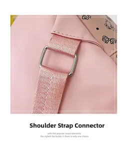 Detail of pink faux leather backpack with metallic ring connector and cute bear print